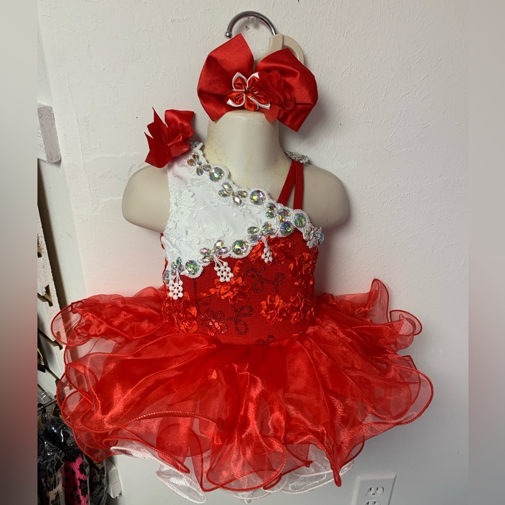3/6 Month Red Beaded Corset 1 Shoulder Cupcake Pageant Dress & Headband/Bow NWT